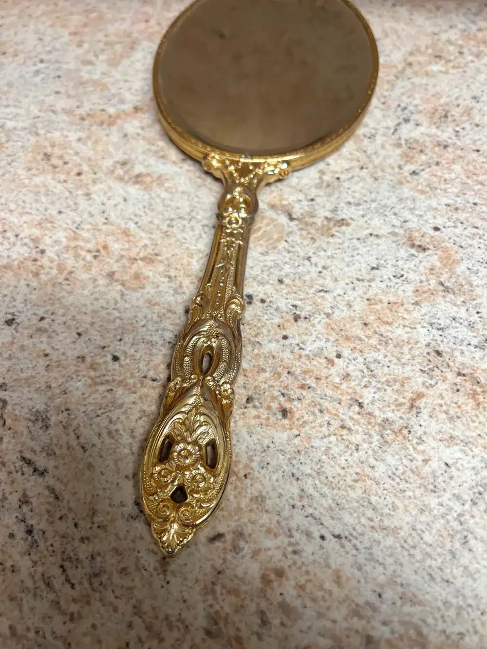 Vintage Ornate Gilt Bronze Hand Held Vanity Mirror Cream m Cabochon Stone